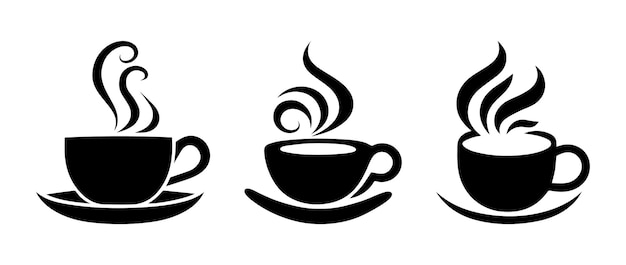 Conjunto de taza de café negra Logotipo de taza de té de silueta de café Taza de logotipo de bebida caliente cafetería o cafetería