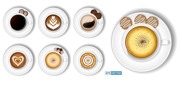 conjunto de taza de café realista capuchino latte aislado o surtido de tazas de café vista superior