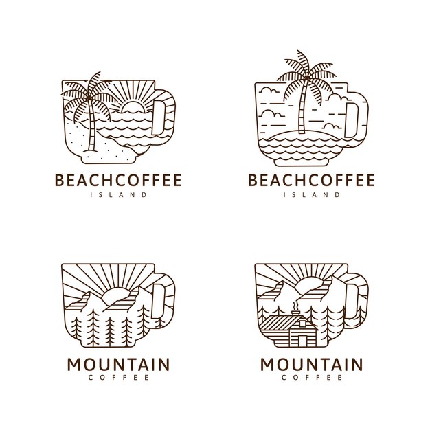 conjunto de taza playa isla montaña cabaña ilustración monoline o diseño de vector de estilo de arte lineal