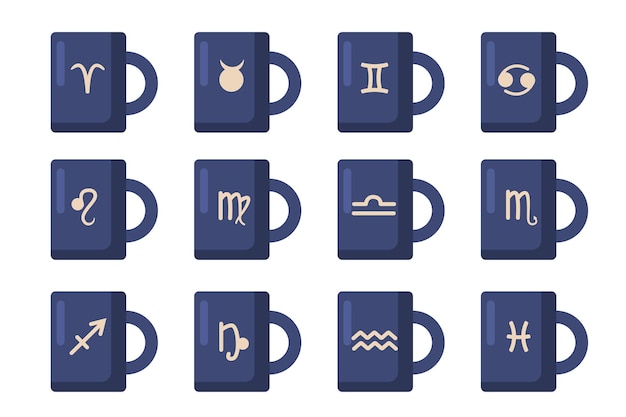 Conjunto de tazas azules con signos del zodiaco en imagen vectorial de estilo plano