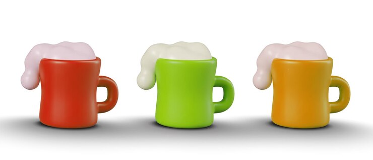 Vector conjunto de tazas brillantes con bebidas espumosas elementos 3d de diferentes colores para el diseño web creativo