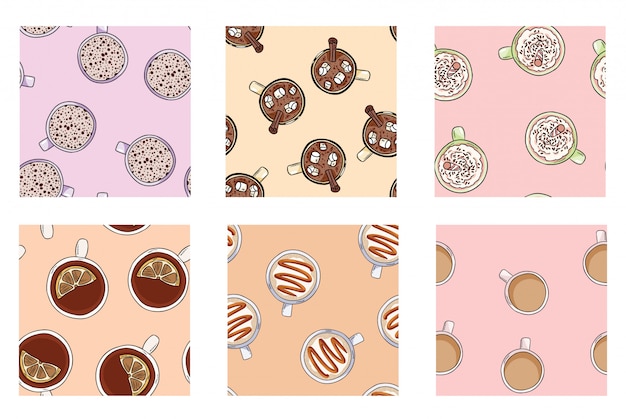 Conjunto de tazas de café y deliciosas bebidas lindos patrones sin fisuras en colores pastel.