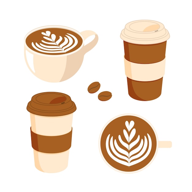 Un conjunto de tazas de café y granos de café y tazas de papel Ilustración vectorial aislada sobre fondo blanco