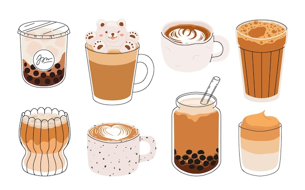 Conjunto de tazas de café con patrones de arte latte vista delantera conejo lindo forma de espuma de flor y corazón café bar o cafetería gráficos íconos de ilustración vectorial