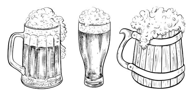 Un conjunto de tazas de cerveza grabado vectorial vintage para páginas web carteles Un elemento de diseño dibujado a mano