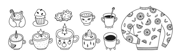 Conjunto de tazas de fideos Tazas festivas con decoración Ilustración vectorial de postres dibujados a mano