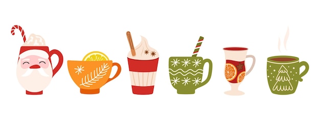Conjunto de tazas de Navidad y Año Nuevo tazas lindas con bebidas calientes crema batida piruleta dibujada a mano