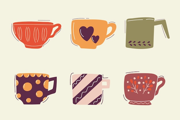 Vector conjunto de tazas de té o café dibujadas a mano con adornos modernos ilustración de dibujos animados plana