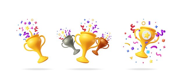 Conjunto de tazas de trofeo de oro con explosión de confeti para el premio del campeón para el ganador