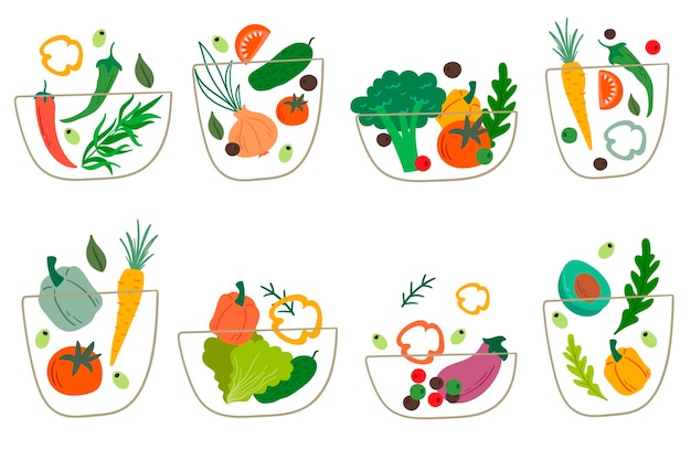 Vector conjunto de tazones de fuente de ensalada. ilustración de vector de ensaladas de verduras