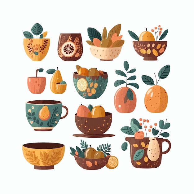 Conjunto de tazones hechos a mano con platos de frutas ollas tazas y tazas Aislado en el fondo Ilustración de vector plano de dibujos animados