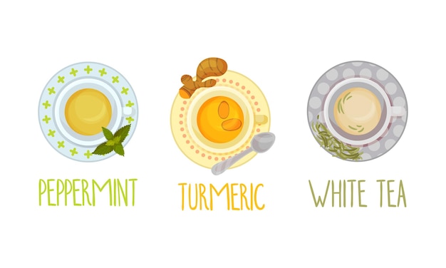 El conjunto de té aromático caliente vista superior de la taza de té con ilustración vectorial de té blanco de cúrcuma de menta