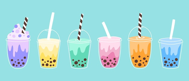 Conjunto de té de burbujas en estilo dibujado a mano Colección de tazas con té de burbujas café de burbujas y batidos Ilustración vectorial