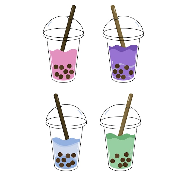 Conjunto de té de burbujas perlas de tapioca Boba bebida de sabor asiático Vector diseño simple dibujado a mano