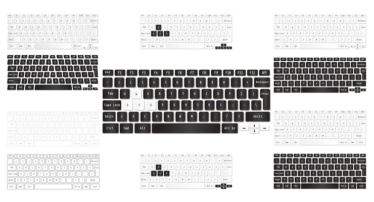 Vector conjunto de teclados portátiles modernos blancos y negros y computadoras personales. ilustración vectorial