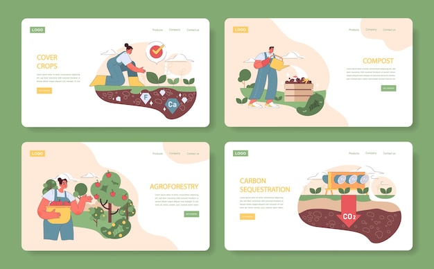 Conjunto de técnicas de agricultura regenerativa que muestra los cultivos de cobertura, la creación de compost y la agroforestería