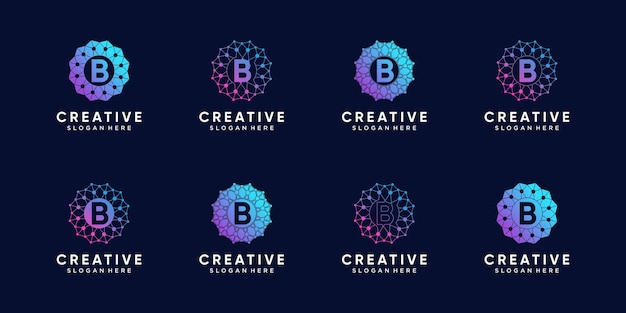 Conjunto de tecnología de diseño de logotipo de monograma letra inicial b con arte lineal y estilo de punto