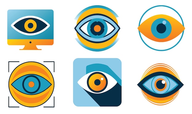 Conjunto de tecnología de escaneo de ojos planos e ilustración vectorial de íconos de seguridad