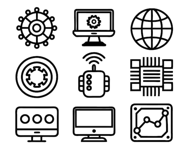 conjunto de tecnología icono línea estilo de arte tecnología fondo digital datos de red de negocios