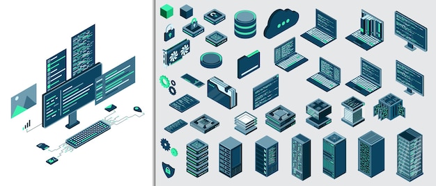 Conjunto de tecnología informática isométrica Conjunto isométrico Equipo de servidor Tecnología Iconos isométricos Elementos de tecnología digital Ilustración vectorial