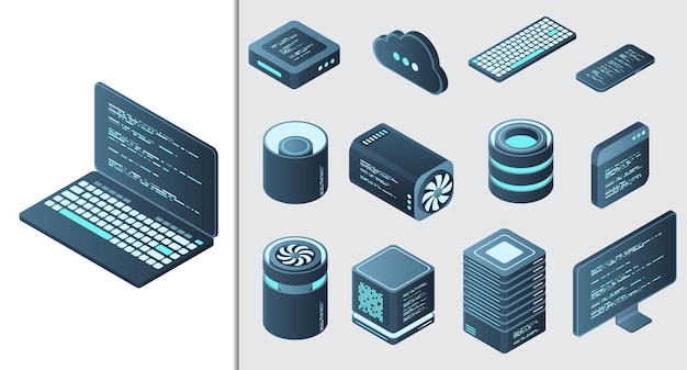 Conjunto de tecnología informática isométrica conjunto isométrico equipo de servidor tecnología iconos isométricos elementos de tecnología digital ilustración vectorial