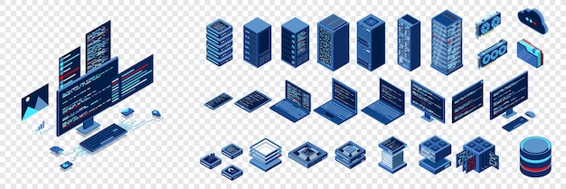 Conjunto de tecnología informática isométrica Equipo de servidor de conjunto isométrico Concepto tecnológico moderno para la computación en la nube Tecnología isométrica