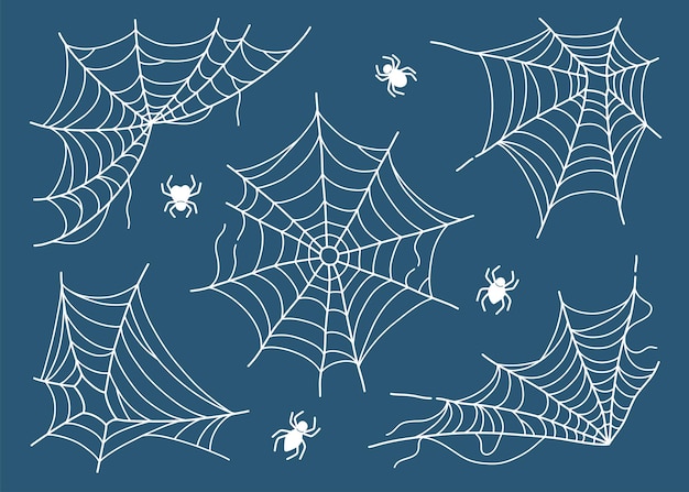 Conjunto de tela de araña aislado en la ilustración de vector de fondo azul oscuro