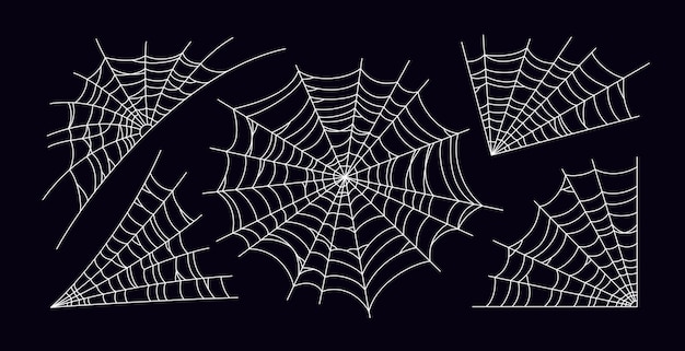 Conjunto de telaraña aterradora. silueta de telaraña blanca aislada sobre fondo negro. tela de araña dibujada a mano para la fiesta de halloween. ilustración vectorial