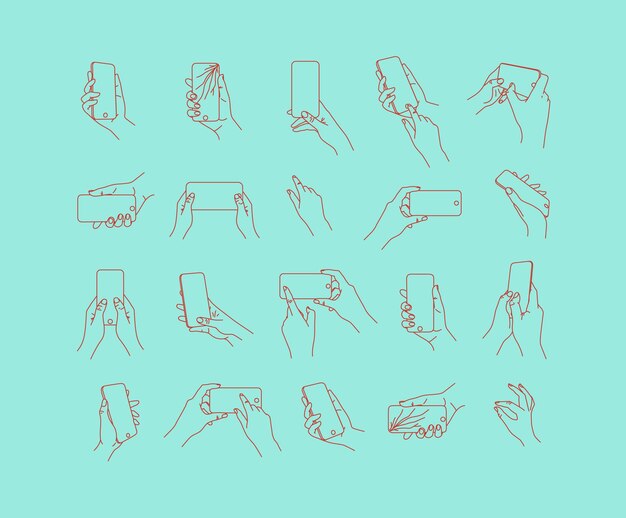 Conjunto de teléfono de mano en diferentes posiciones y dibujo de navegación con líneas delgadas en fondo turquesa