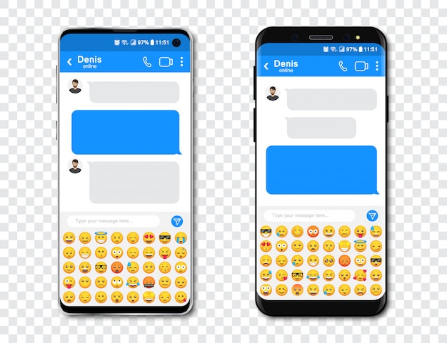 Conjunto de teléfonos inteligentes con chat en blanco messenger y emoticones. plantilla con burbujas de mensaje en teléfono inteligente con emoji