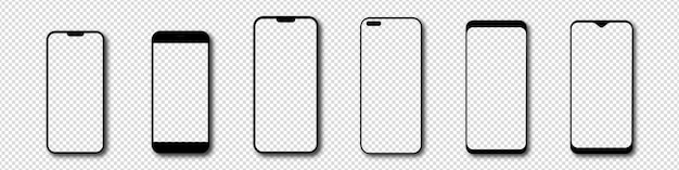 Conjunto de teléfonos modernos vectoriales con pantalla en blanco sobre fondo transparente con sombra realista Maqueta de teléfono en frente Aplicación de teléfono móvil ui ux Vector EPS 10