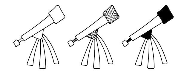 Conjunto de telescopios vectoriales dibujados a mano en un estilo de dibujos animados de garabatos. día nacional de la ciencia