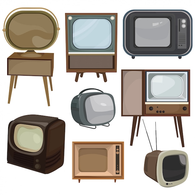 Conjunto de televisores retro. Colección de televisores antiguos de dibujos animados. Ilustración de vector de televisión.