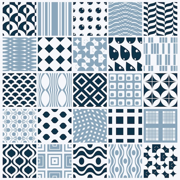 Conjunto de telones de fondo sin costuras en blanco y negro ornamental vectorial, colección de patrones geométricos. Texturas ornamentadas hechas en un estilo moderno y sencillo.