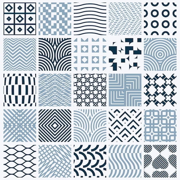 Conjunto de telones de fondo sin costuras en blanco y negro ornamental vectorial, colección de patrones geométricos. Texturas ornamentadas hechas en un estilo moderno y sencillo.