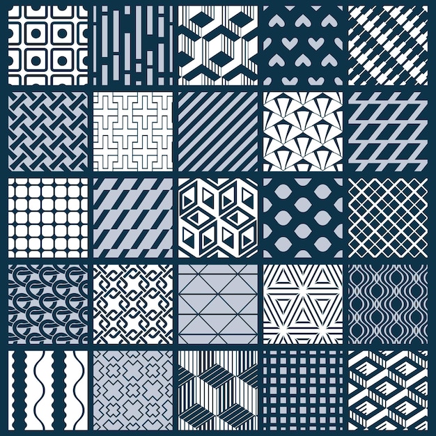 Conjunto de telones de fondo sin costuras en blanco y negro ornamental vectorial, colección de patrones geométricos. Texturas ornamentadas hechas en un estilo moderno y sencillo.