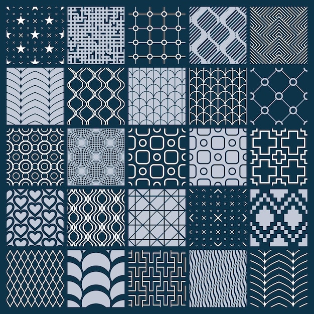 Conjunto de telones de fondo sin costuras en blanco y negro ornamental vectorial, colección de patrones geométricos. Texturas ornamentadas hechas en un estilo moderno y sencillo.