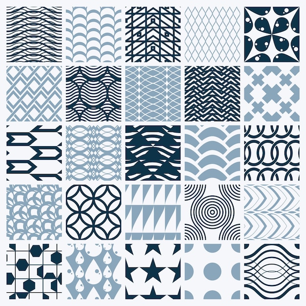 Conjunto de telones de fondo sin costuras en blanco y negro ornamental vectorial, colección de patrones geométricos. Texturas ornamentadas hechas en un estilo moderno y sencillo.
