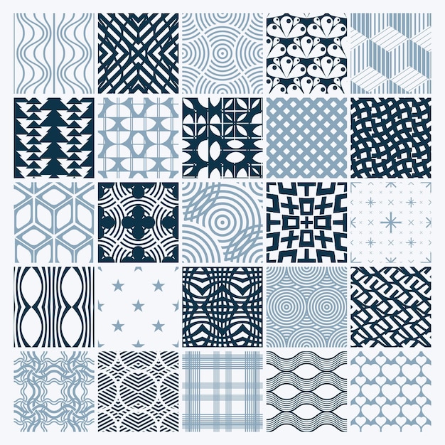 Conjunto de telones de fondo sin costuras en blanco y negro ornamental vectorial, colección de patrones geométricos. Texturas ornamentadas hechas en un estilo moderno y sencillo.
