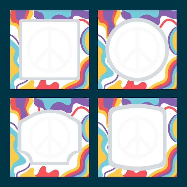 Vector conjunto de telones de fondo de marcos iconos al estilo de un hippie con ondas de colores y signo de pazx9