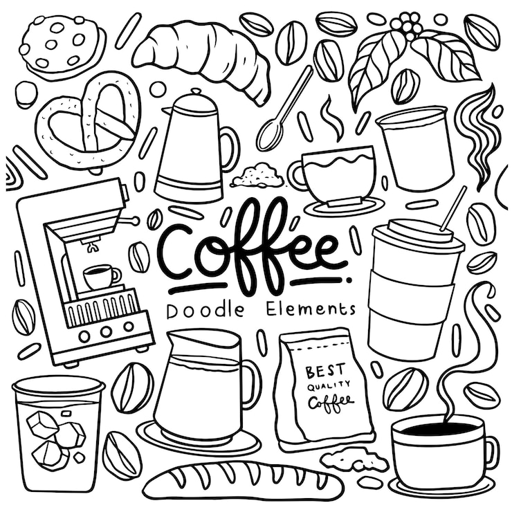 Vector conjunto de tema de cafetería dibujado a mano aislado sobre fondo blanco conjunto de garabatos para café y panadería para el menú de cafetería, incluido el artículo de suministro y el equipo ilustración vectorial
