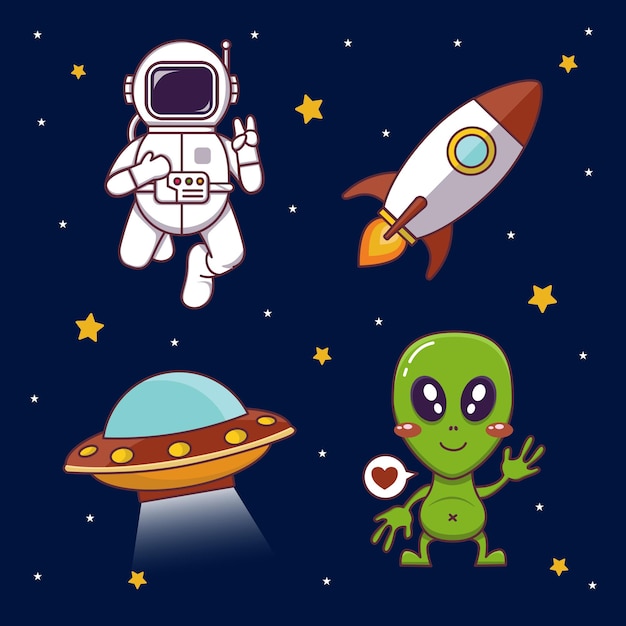 Conjunto de tema espacial con astronautas cohete alienígena y ovni ilustración vectorial en fondo negro