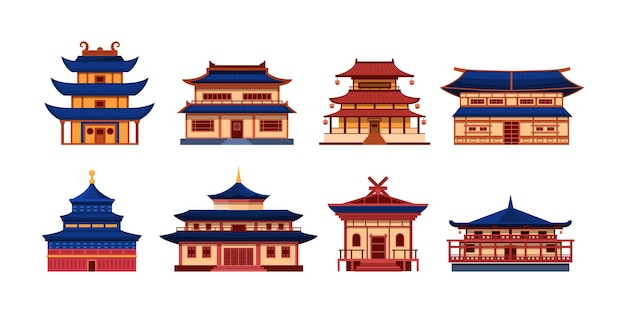 Conjunto de templos chinos y casas en edificios religiosos coreanos de estilo asiático tradicional