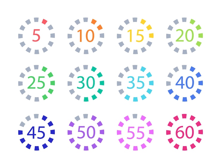 Vector conjunto de temporizadores 5, 10, 15, 20, 25, etc. minutos de cuenta atrás. icono de vector.