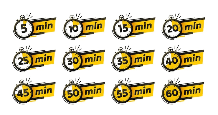 Vector conjunto de temporizadores 5 10 15 20 minutos en la ilustración vectorial de la mano del temporizador