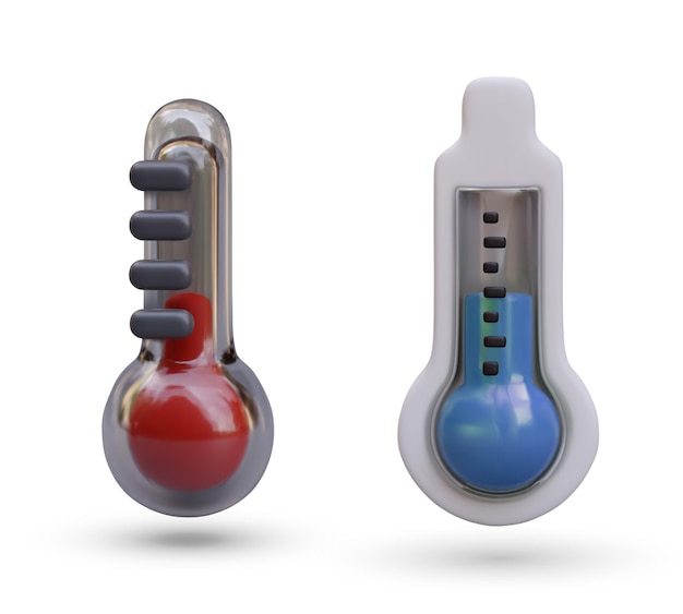 Vector conjunto de termómetros de vidrio de diferentes colores y tipos símbolos de temperatura alta y baja