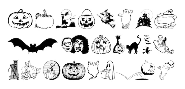 Conjunto de terror de boceto de pegatina dibujado a mano de doodle de Halloween
