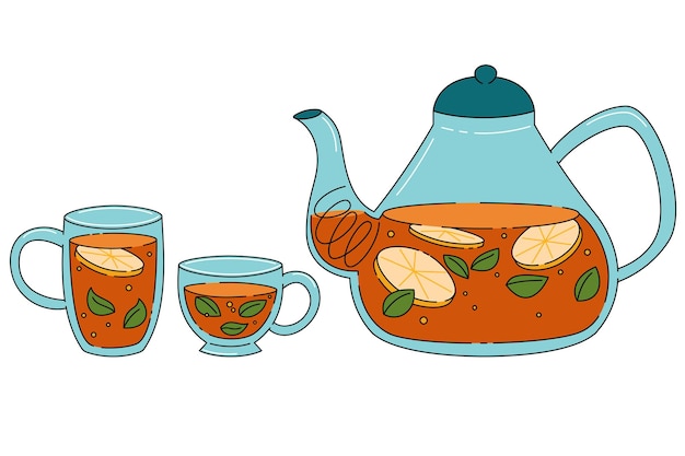 Conjunto de tetera y taza de té con limón y menta