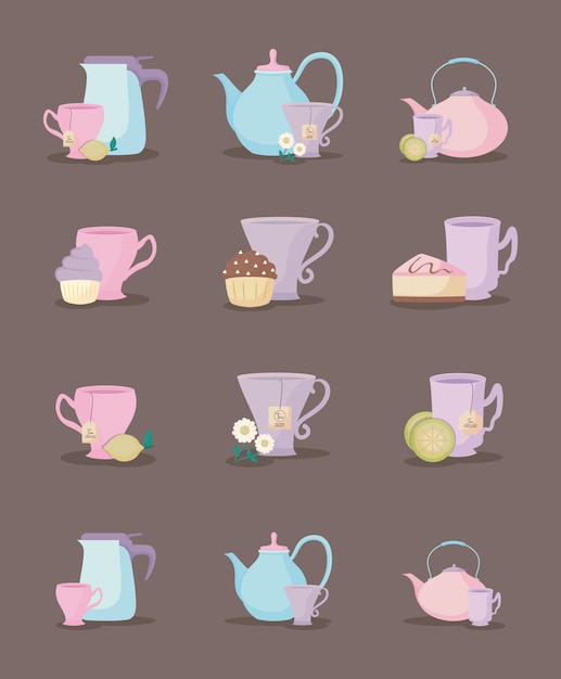 Vector conjunto de teteras y tazas de conjunto de iconos de té