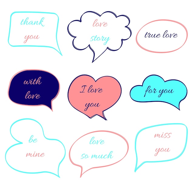 Conjunto de texto caligráfico dibujado a mano con palabra de amor Ilustración vectorial Texto de letras de amor para decoración Tarjeta de boda Día de San Valentín